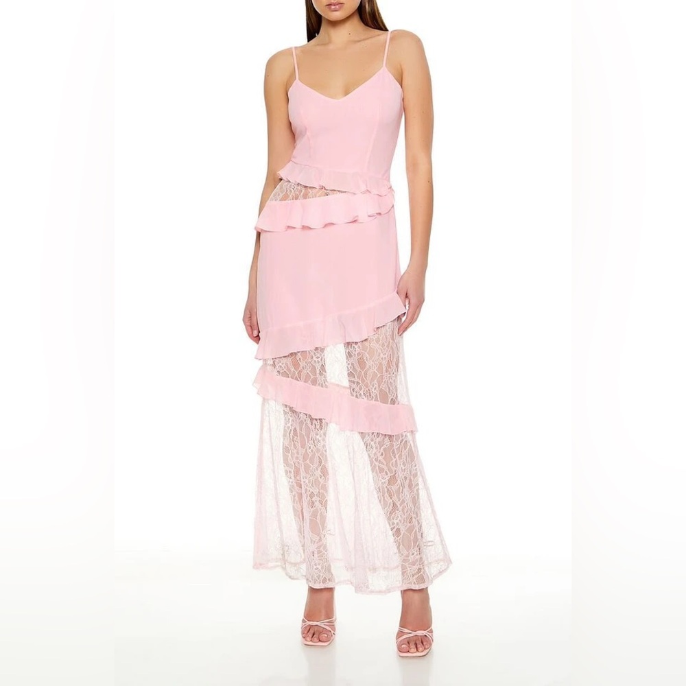 NWTS Forever 21 Pink Lace & Ruffle Maxi Dress Size Small